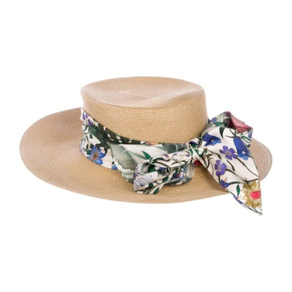 Gucci Woven Hat with Floral Alba Ribbon in Beige - Picture 2 of 12